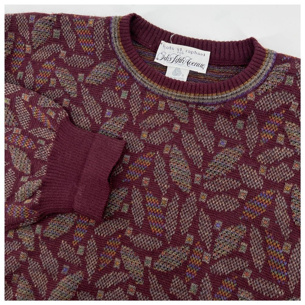 Tricots St Raphael for Saks Fifth Avenue Mens Medium Wool Sweater Leaf Pattern